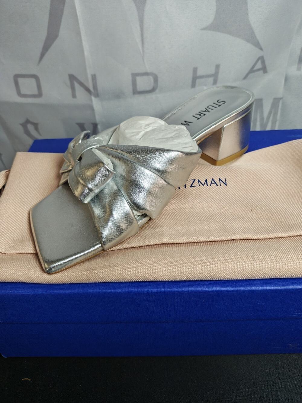 STUART WEITZMAN $475 Women's 5 Sofia 45 Slide Silver Liquid Metallic Heel NWB